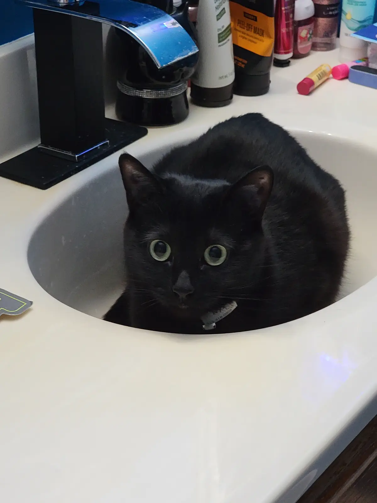 A black cat with wide, green eyes is curled up inside a white bathroom sink, looking directly at the camera. The sink is…