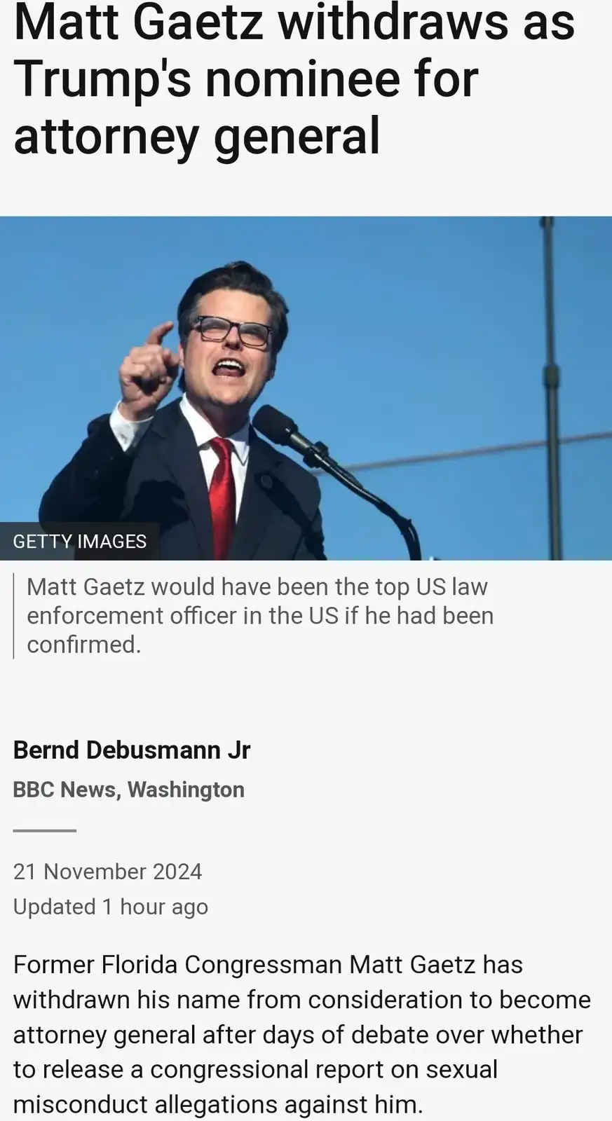 A screenshot of a BBC News article dated November 21, 2024, shows a photo of Matt Gaetz speaking at a podium with a…