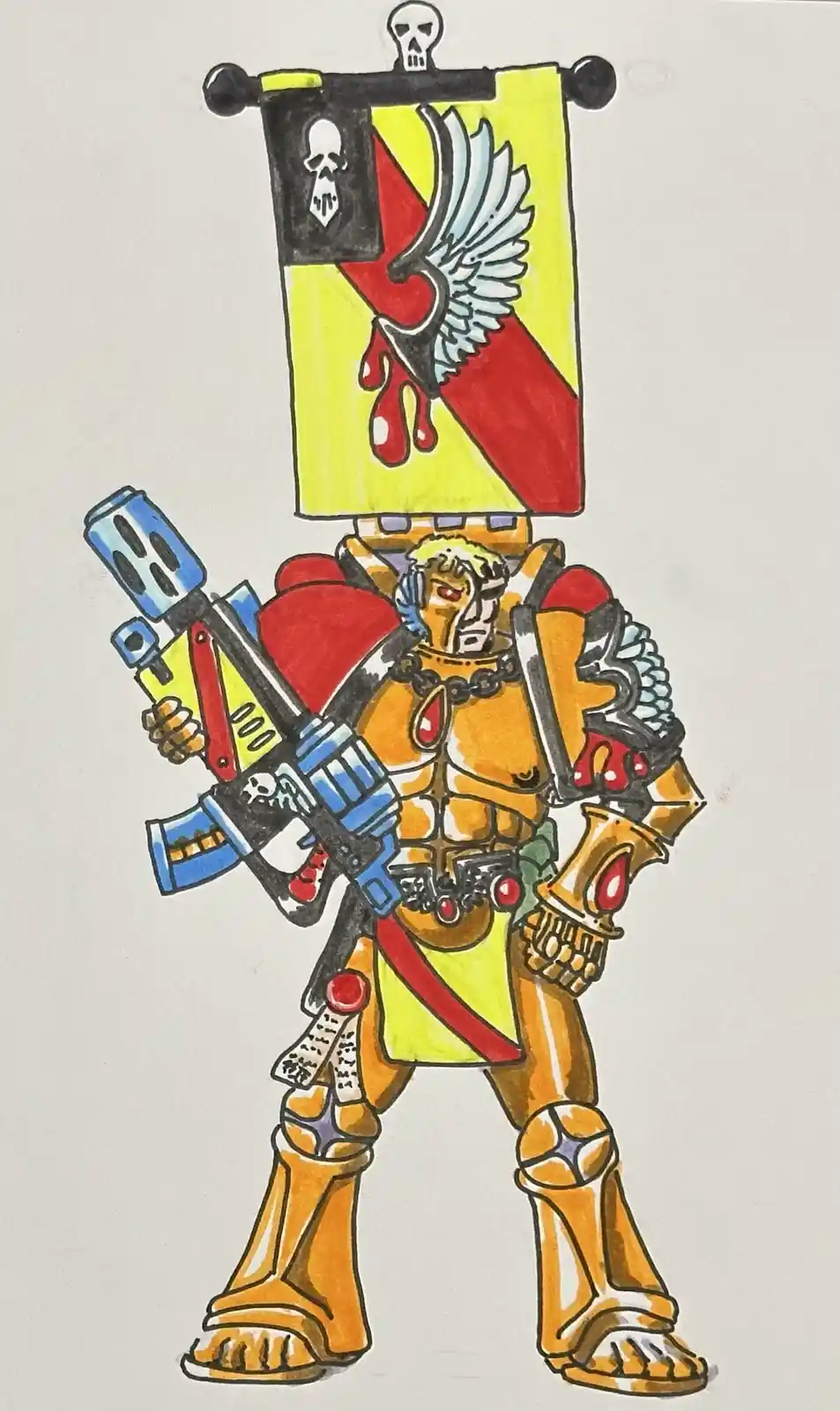 A hand-drawn illustration of a heavily armored, muscular warrior in orange and yellow power armor, holding a large blue and…