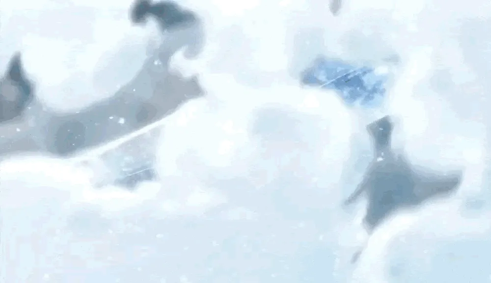 A six-panel anime GIF showing a character with white hair and blue eyes in a blue-themed scene, transitioning from a blurry…