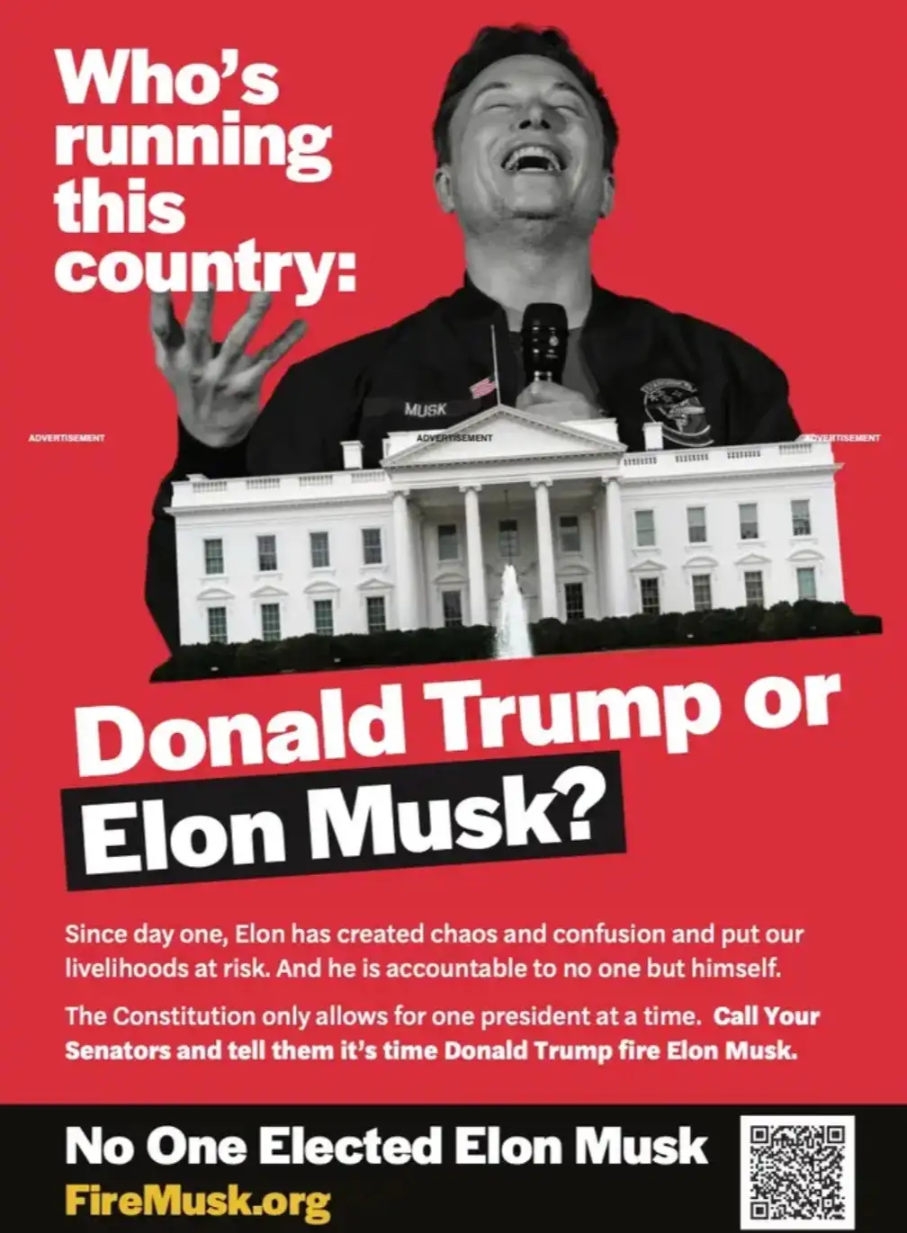 A red-background political-style advertisement features a black-and-white photo of Elon Musk laughing while holding a…