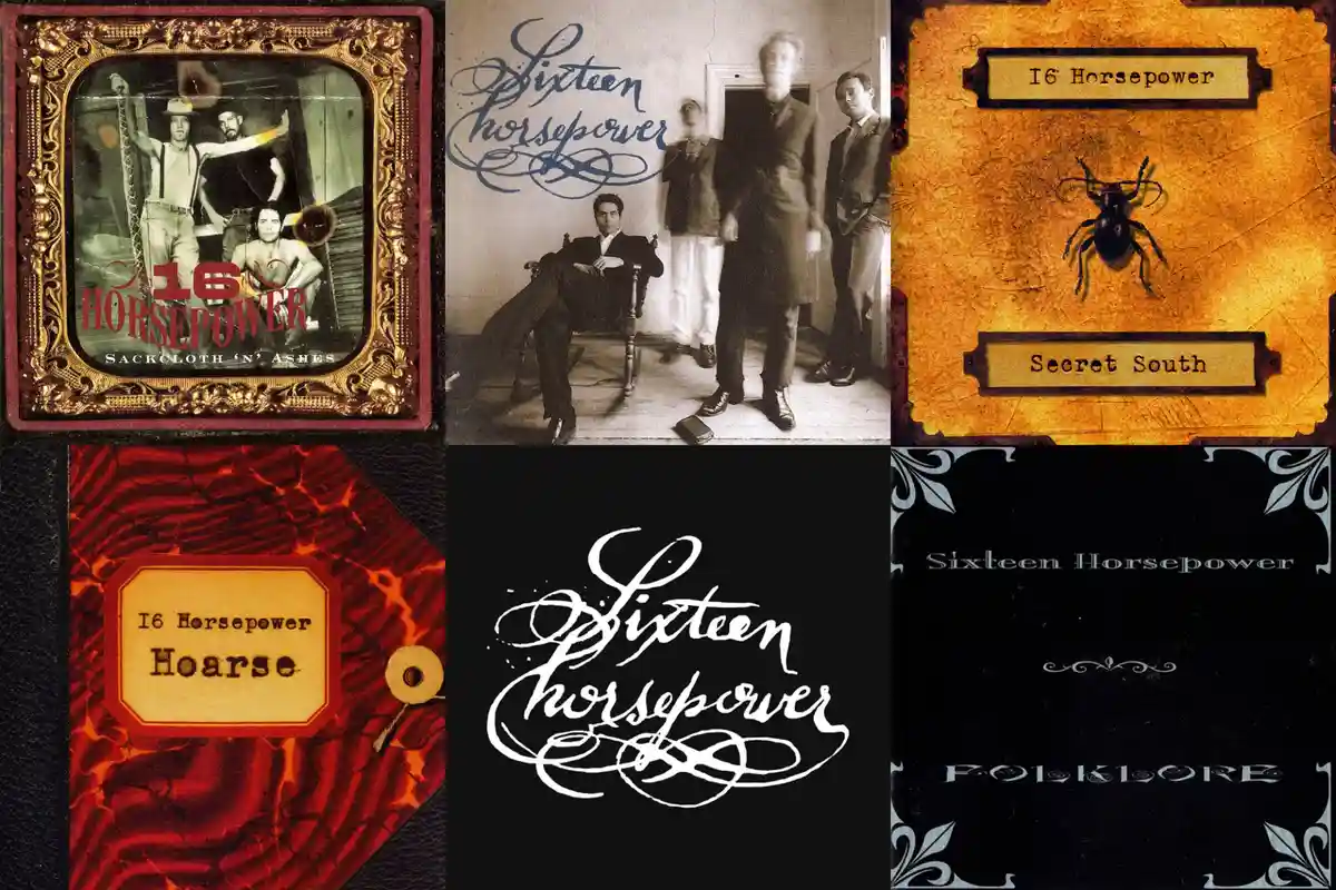A collage of six album covers for the band Sixteen Horsepower, featuring varied artistic styles including vintage photos, a…