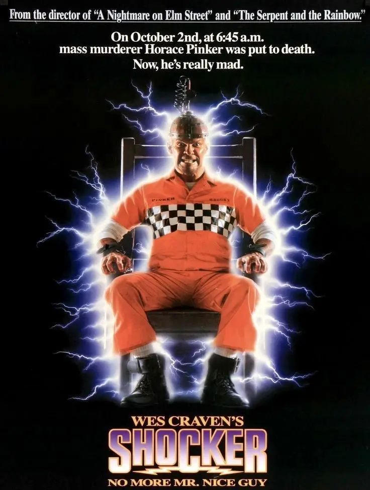 A movie poster for 'Shocker' shows a man in an orange prison jumpsuit sitting in a chair with lightning bolts surrounding…