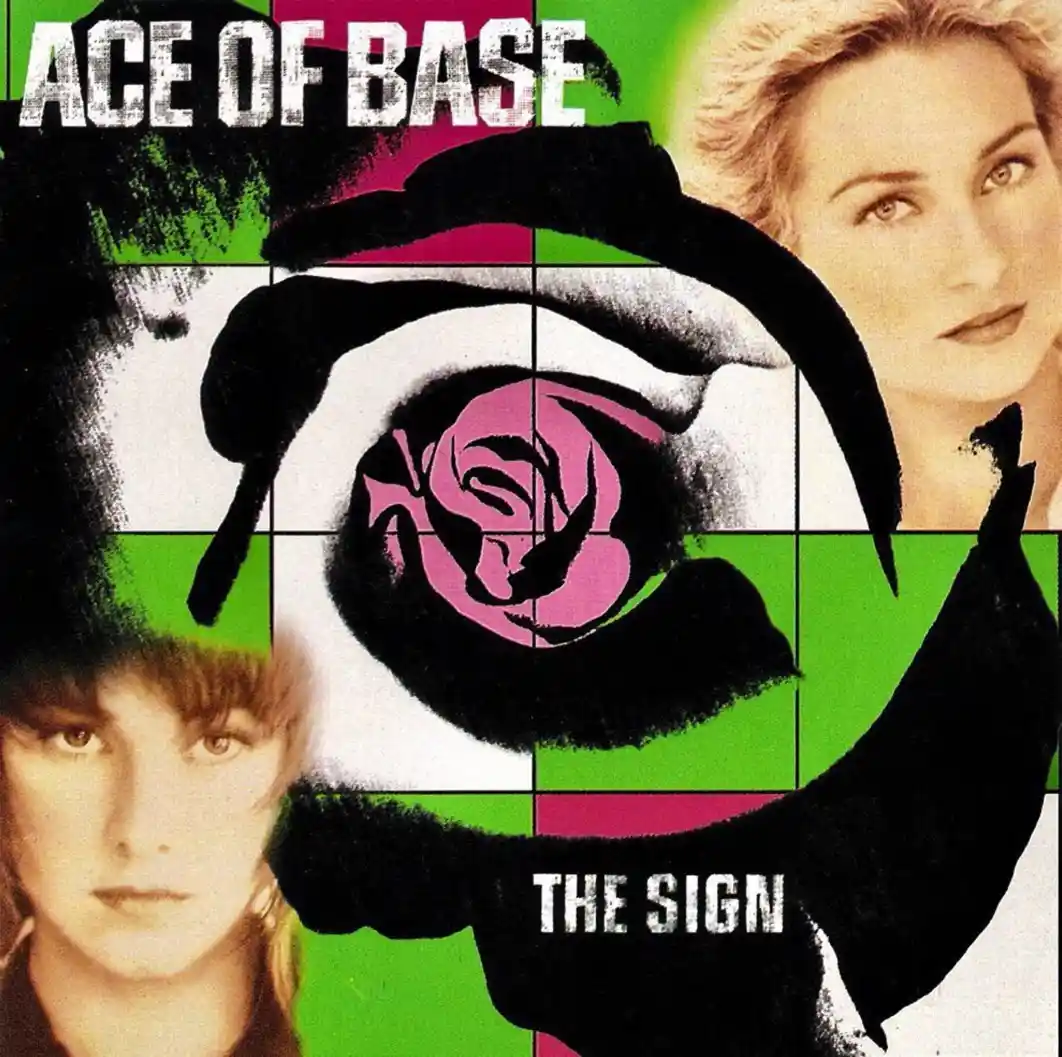 The image is the iconic album cover for Ace of Base's 1994 hit 'The Sign,' featuring two female band members' faces…