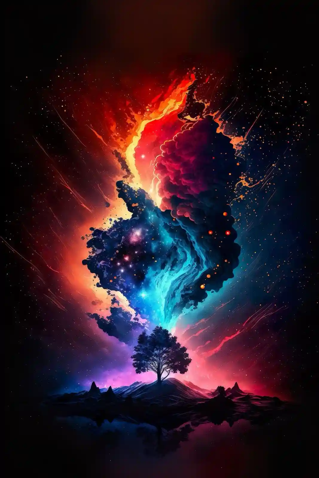 A solitary tree stands on a small hill under a cosmic sky filled with vibrant red, orange, blue, and purple nebulae and…