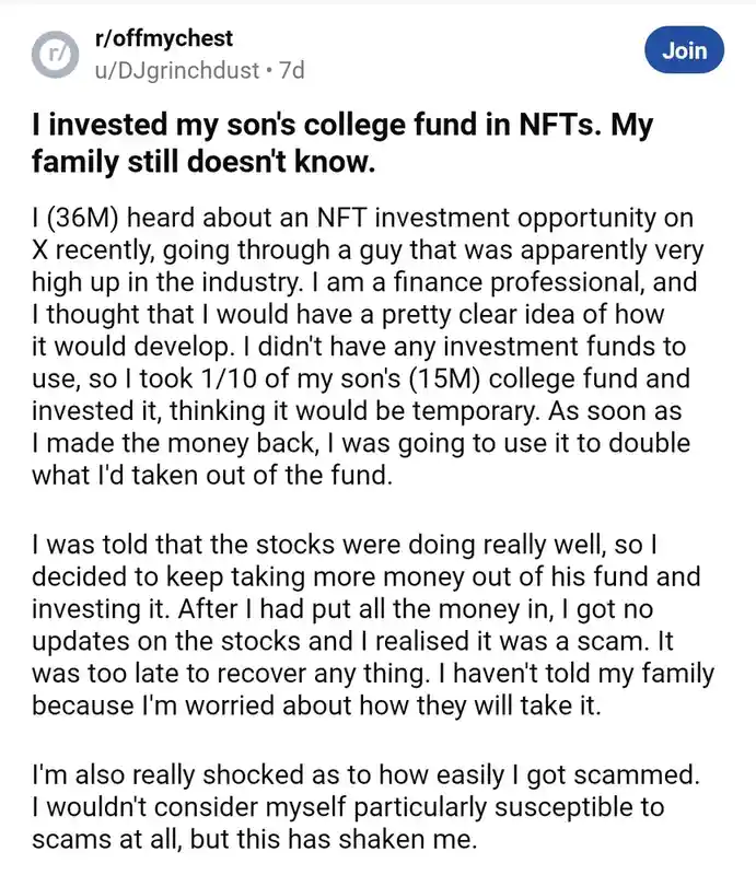 A Reddit post from r/offmychest shows a user's story about taking 1/10 of their son's $15 million college fund to invest in…
