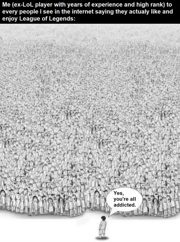 A black-and-white illustration shows a small child standing alone at the bottom, facing a massive crowd of identical cartoon…