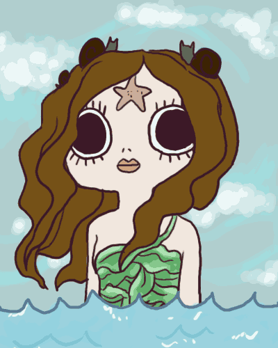 The image shows a cartoon mermaid with brown hair, a starfish on her forehead, and a green leafy top, standing in water with…
