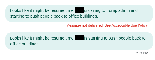 A screenshot of a text message conversation where the first message, which mentions a company caving to the Trump…