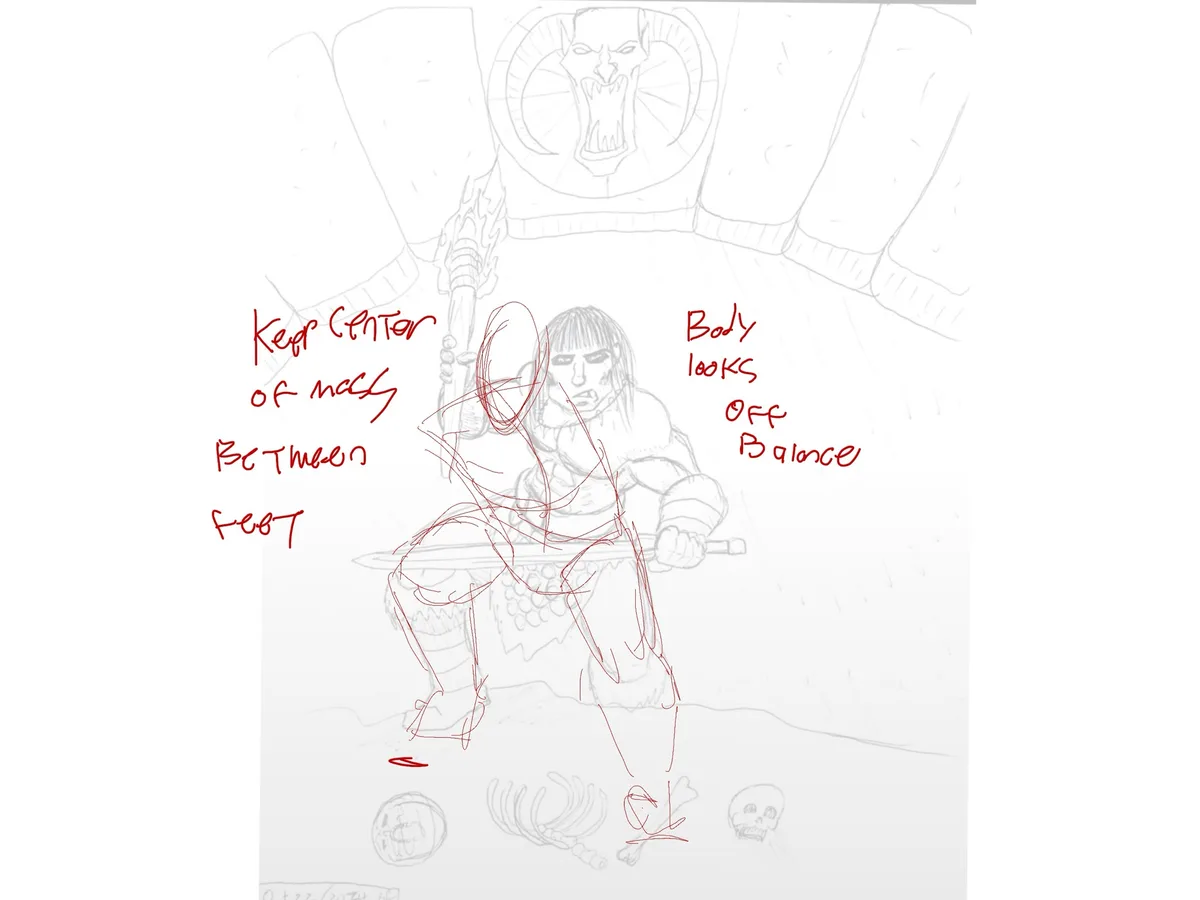 A sketch of a warrior in a dynamic combat pose, with red handwritten notes overlaid. The notes on the left say 'Keep Center…