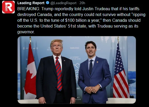 A photo shows Donald Trump and Justin Trudeau standing side by side at a press event, each with their respective national…