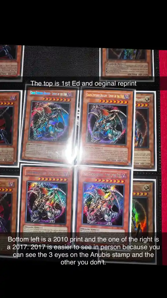 The image displays several Yu-Gi-Oh! trading cards of 'Chaos Emperor Dragon - Envoy of the End' arranged in a grid. Text…