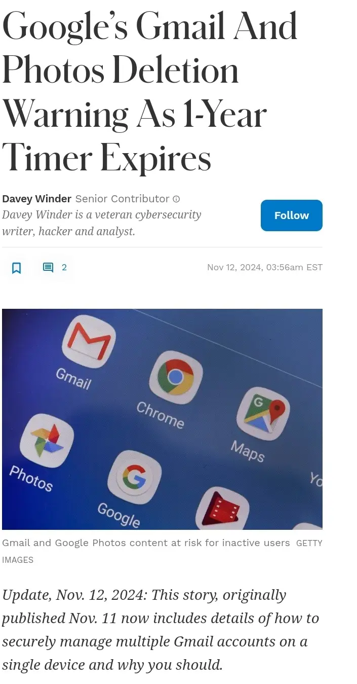 A screenshot of a news article with the headline 'Google's Gmail And Photos Deletion Warning As 1-Year Timer Expires'…