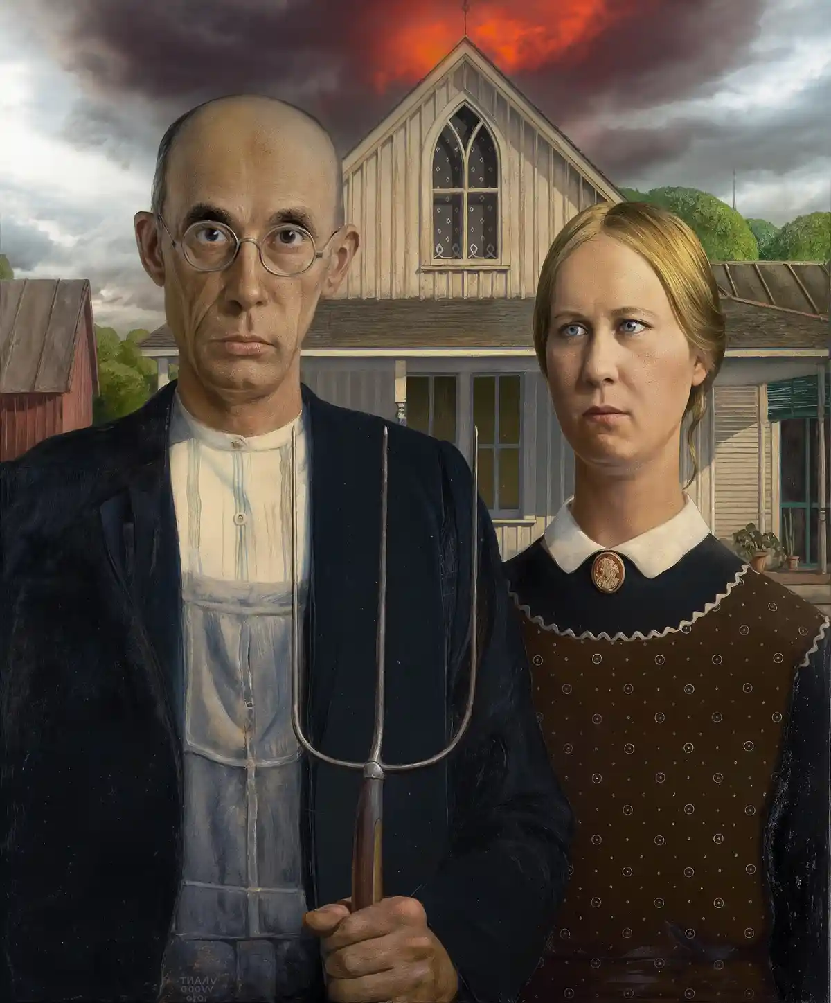 A famous painting depicts a stern-looking man in glasses holding a pitchfork standing beside a woman in a dark dress, both…