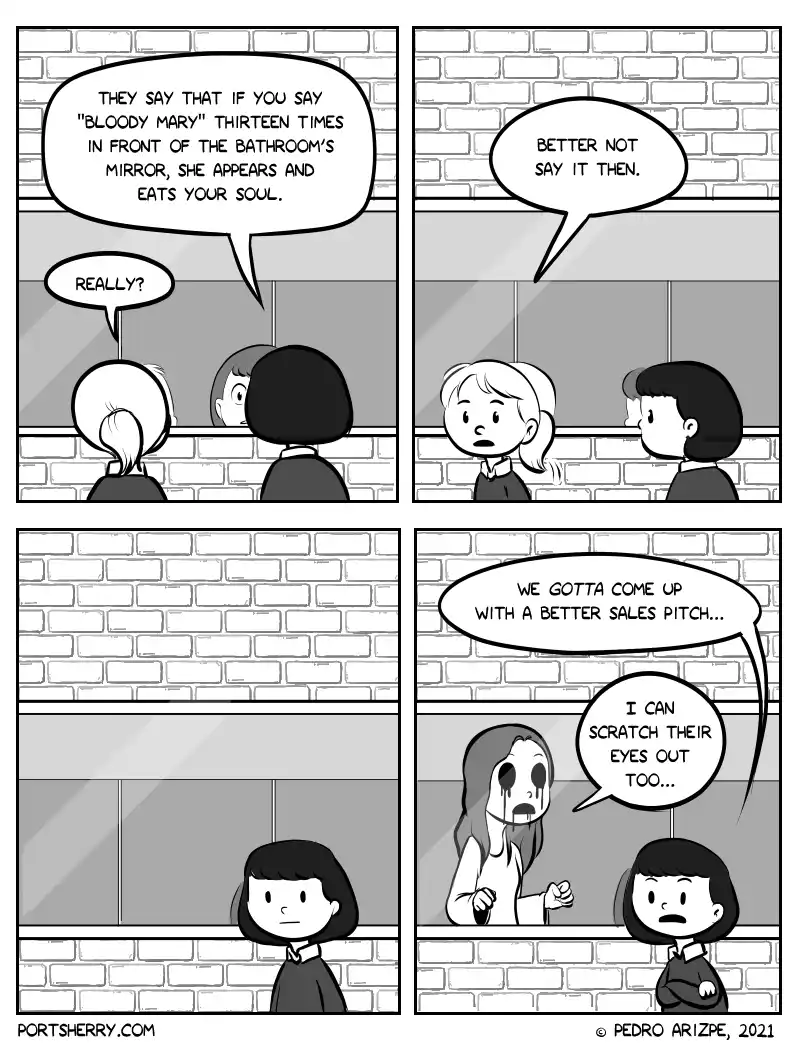 A four-panel black-and-white comic strip shows two women in a bathroom mirror. One tells the other about the Bloody Mary…