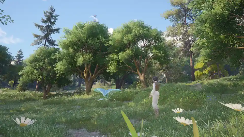 A character in a video game stands in a sunlit grassy field with trees and daisies, looking up at two small glowing objects…