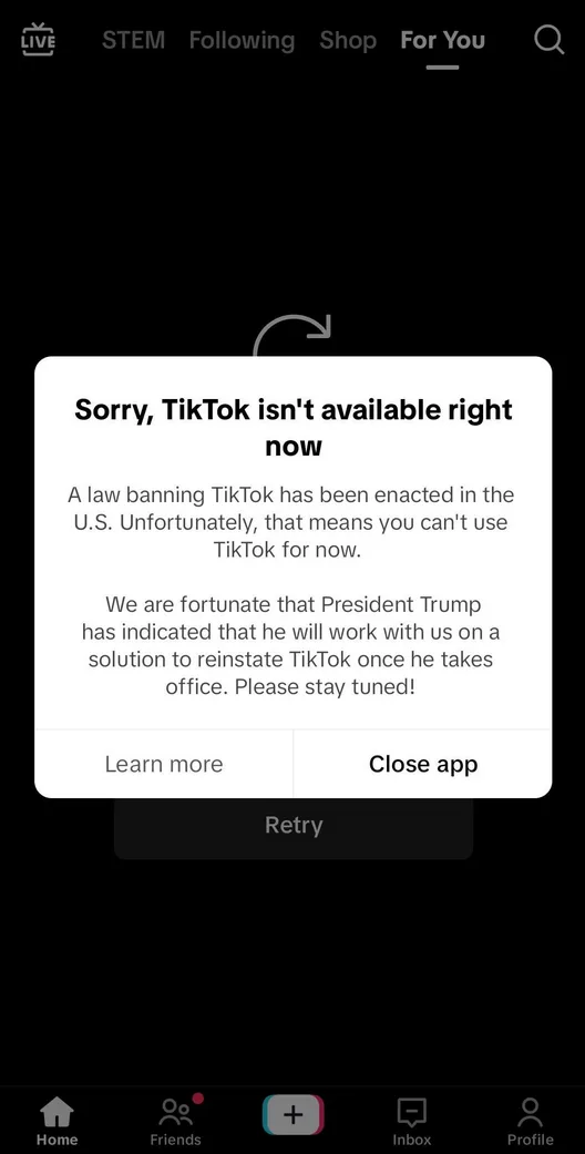 A screenshot of a TikTok app error message stating the app is unavailable due to a U.S. ban, with text claiming President…