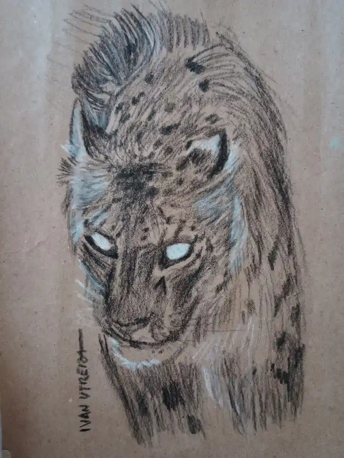 A charcoal and white chalk sketch on brown paper depicts a feline with a mane, but the eyes are drawn as glowing white orbs…
