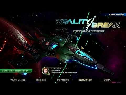 A screenshot of the game 'Reality Break' main menu, featuring a futuristic spaceship against a cosmic backdrop with a red…