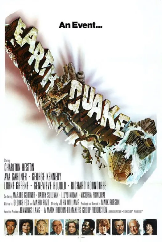 A movie poster for 'Earthquake' shows the title formed by crumbling buildings and people falling, with 'An Event...' at the…