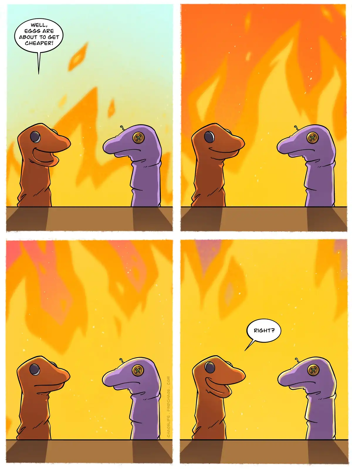 A four-panel comic strip featuring two cartoon dinosaur-like characters, one brown and one purple, standing side-by-side…