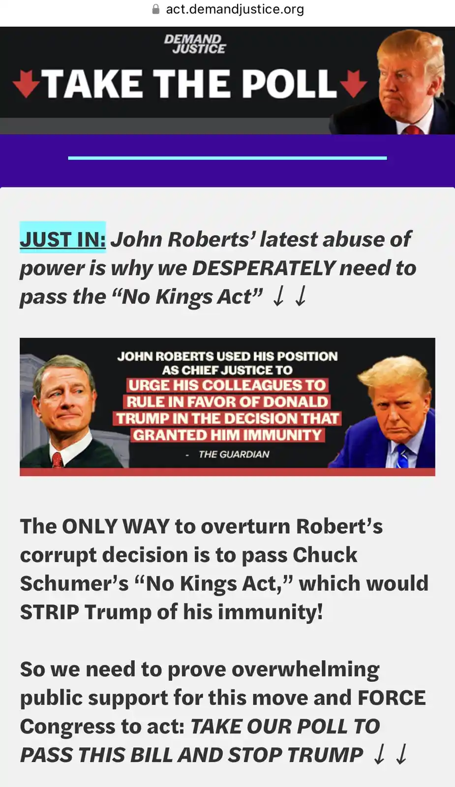 The image is a screenshot of a political advocacy webpage from 'act.demandjustice.org' featuring photos of John Roberts and…