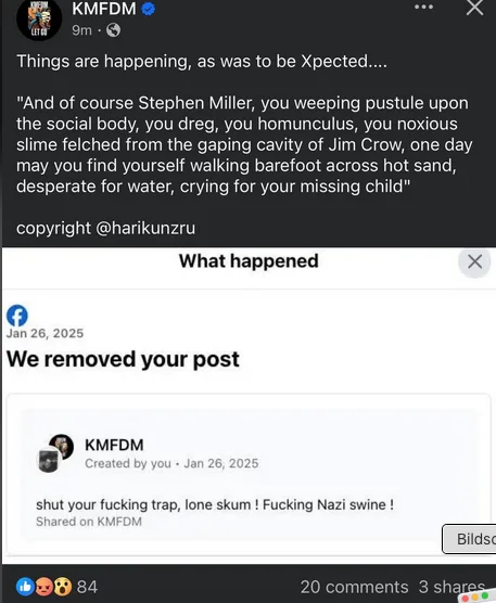 A screenshot of a Facebook post by user KMFDМ showing a post they made that was removed, with the platform's notification…