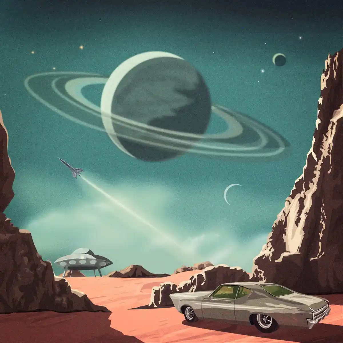 A vintage silver muscle car is parked on a red alien desert between two rocky cliffs, with a UFO and a rocket ship in the…