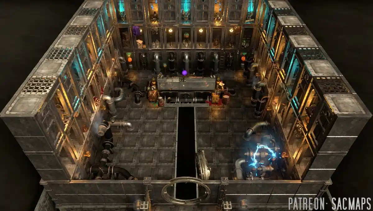 An overhead view of a complex, multi-level steampunk-style industrial facility with pipes, glowing lights, and machinery. A…