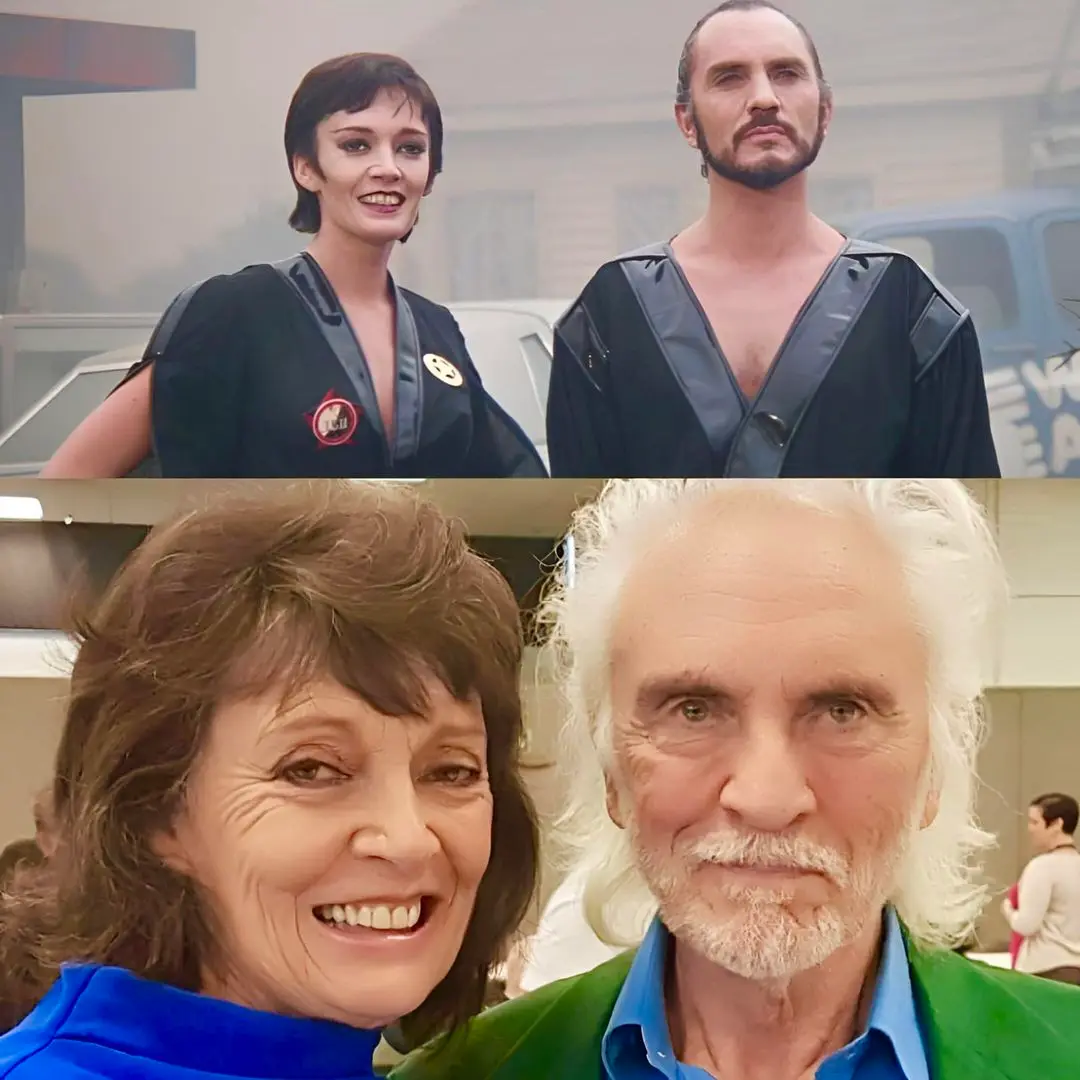 The image is split into two panels. The top panel shows a young woman and man in black leather outfits from the movie 'The…