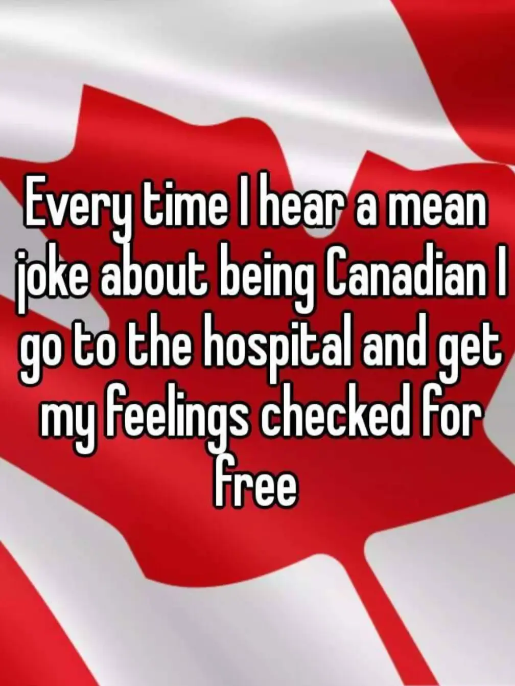 The image displays a waving Canadian flag with a large red maple leaf centered on a white background. Overlaid in bold white…