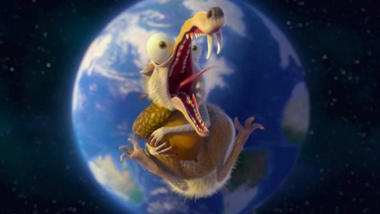 A cartoon sloth and a cartoon wolf are shown in space with Earth behind them. The sloth is holding a pinecone and has a…