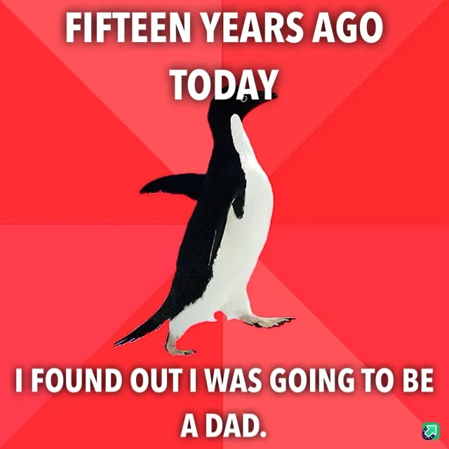 A black-and-white penguin stands centered against a red background with diagonal stripes. White bold text at the top reads…