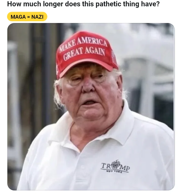 A close-up photo of Donald Trump wearing a red 'MAKE AMERICA GREAT AGAIN' cap and a white polo shirt with a 'TRUMP NEW YORK'…