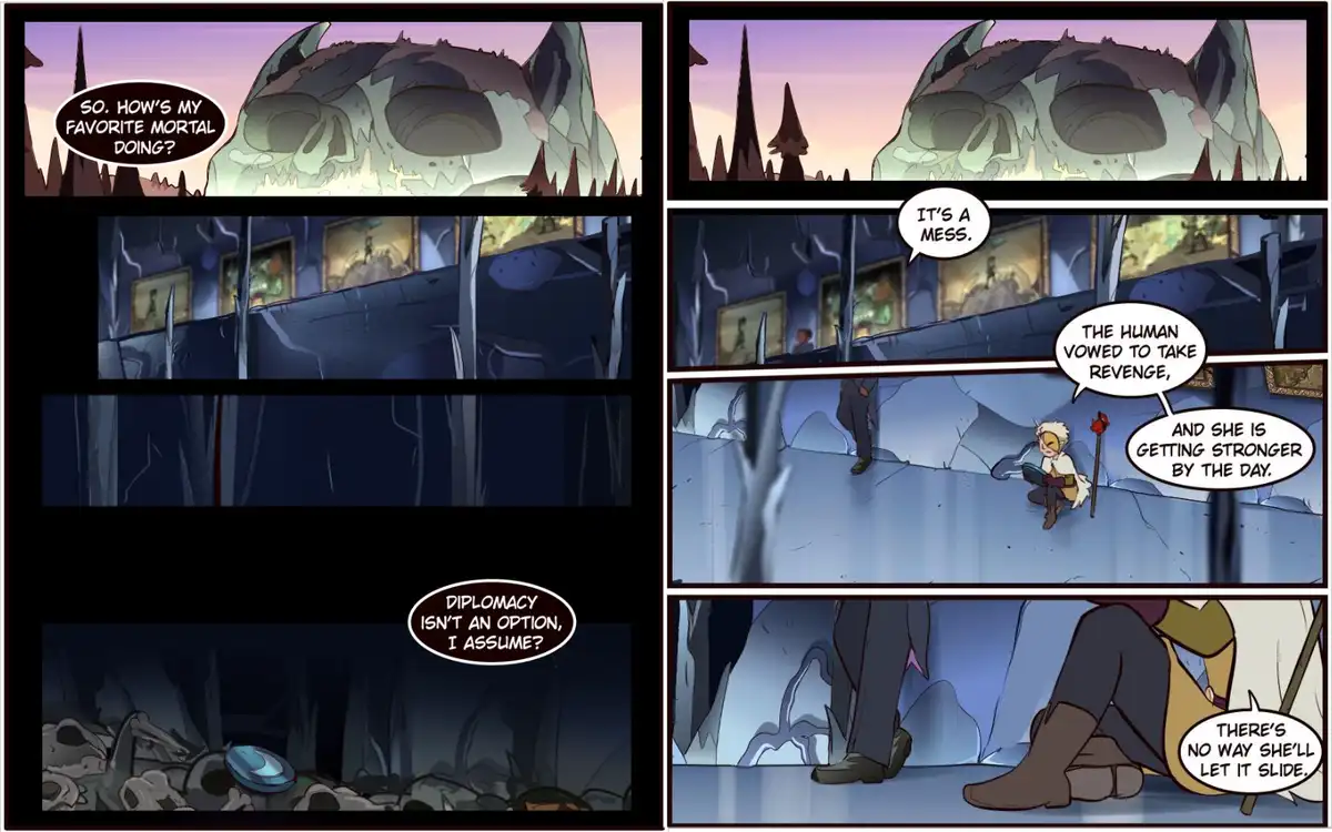 A comic strip panel shows a giant skull asking about a mortal's status, receiving a report that the human is getting…