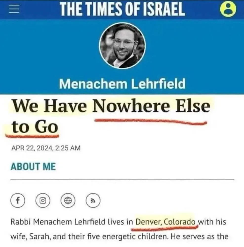 A screenshot of a 'The Times of Israel' article by Menachem Lehrfield, with the headline 'We Have Nowhere Else to Go'…