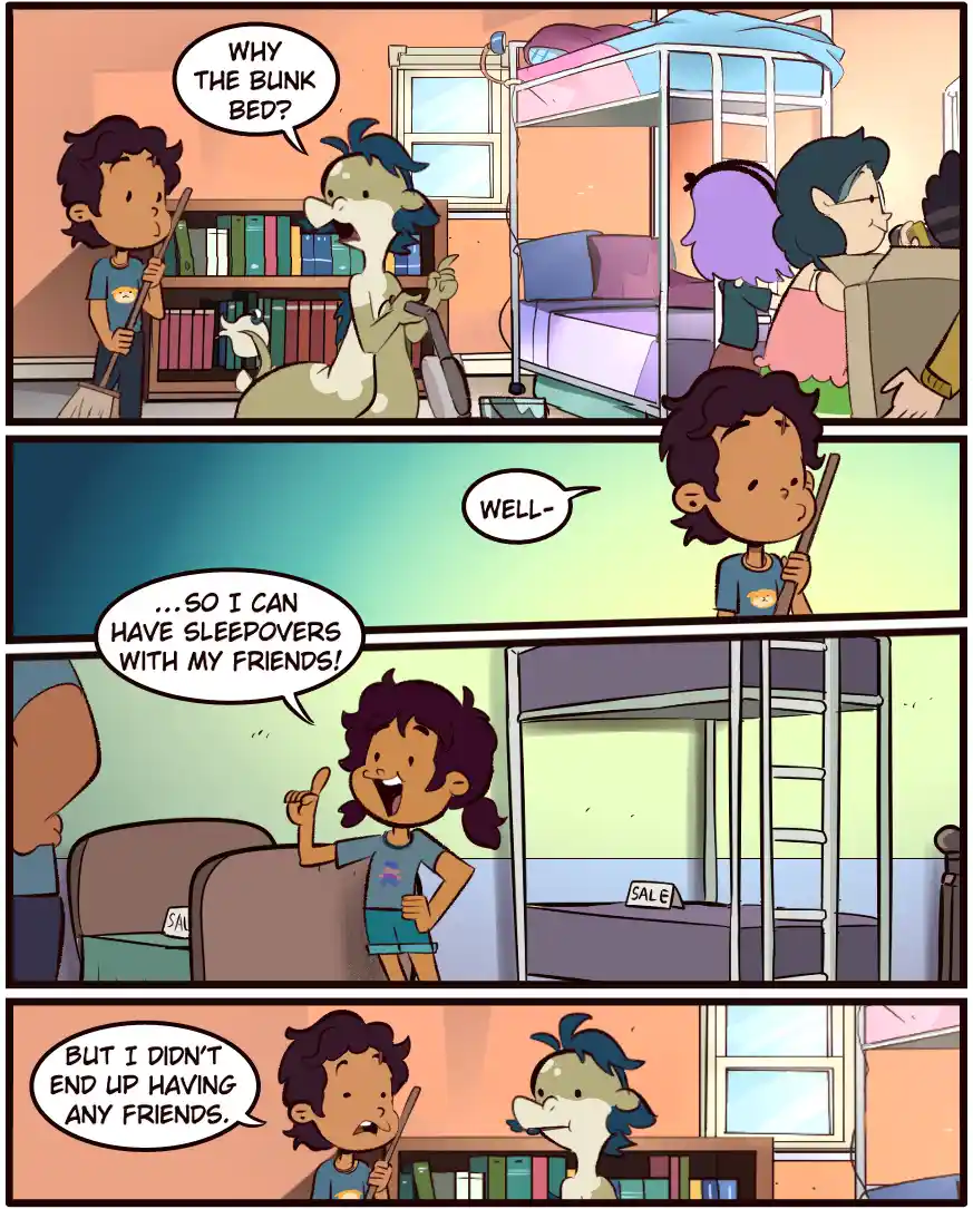 A four-panel comic strip shows a child explaining to a dragon-like creature why they have a bunk bed, claiming it's for…
