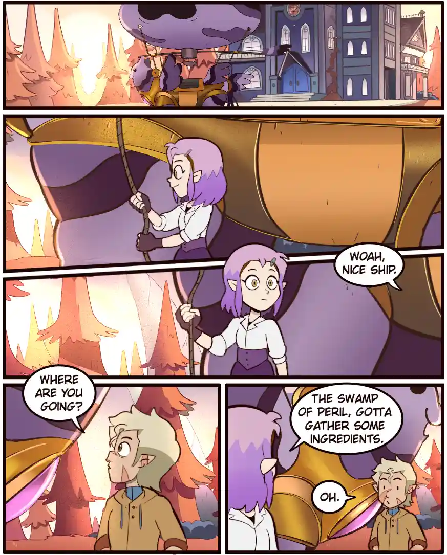 A four-panel comic strip from 'The Owl House' shows a purple-haired character climbing onto a large, ornate purple and gold…