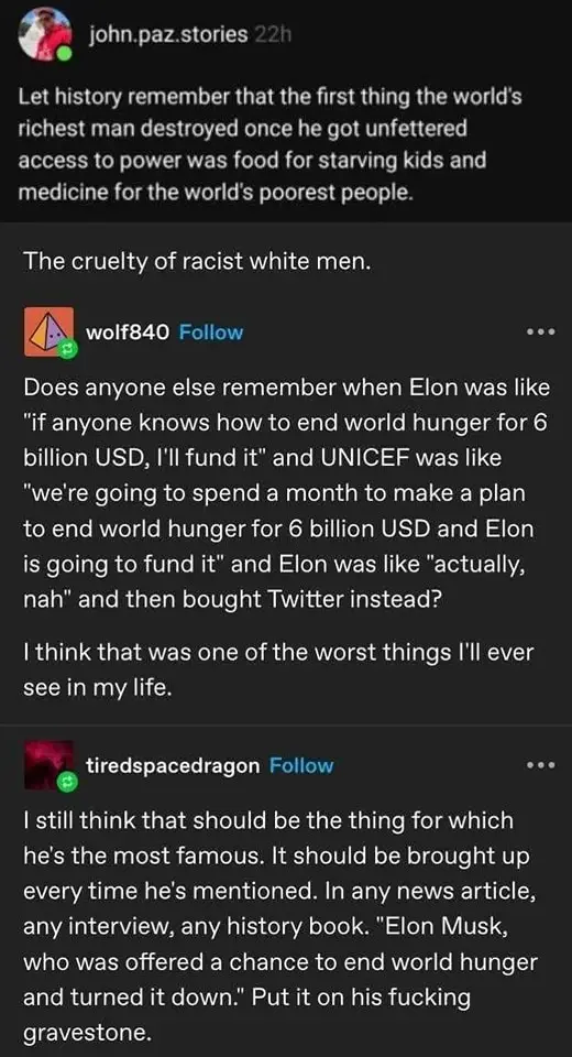 A screenshot of a social media thread where users discuss Elon Musk's decision to buy Twitter instead of funding a UNICEF…