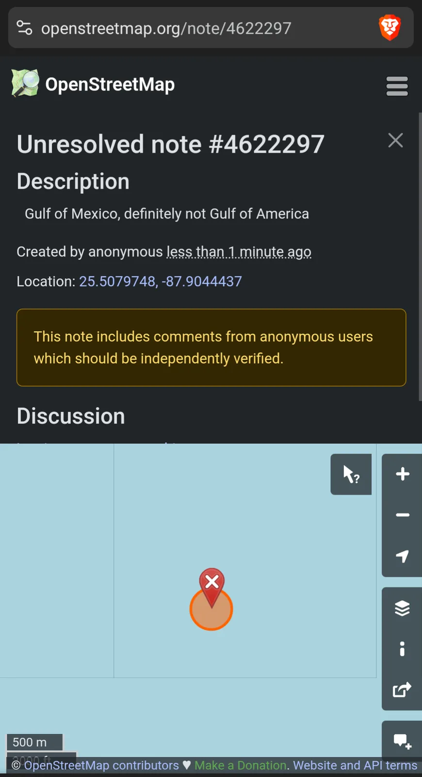A screenshot of an OpenStreetMap unresolved note showing a location in the Gulf of Mexico with the text 'Gulf of Mexico…