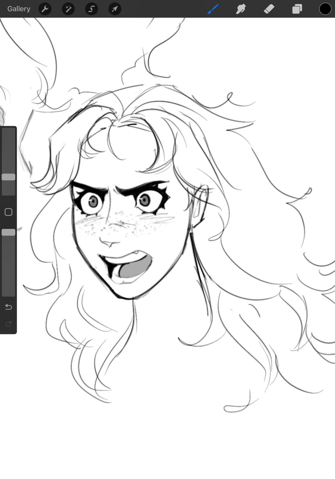 A black-and-white digital sketch of a female anime-style character with wild hair, freckles, and an exaggerated angry…