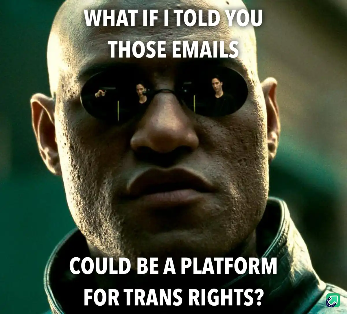 A close-up image of the character Morpheus from The Matrix, wearing his signature dark sunglasses and leather jacket…