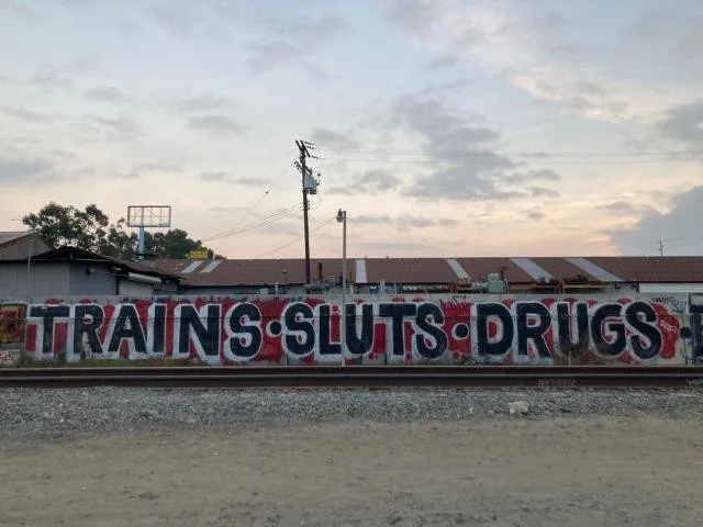 A photograph of a graffiti-covered wall next to train tracks, with large, bold, black letters spelling 'TRAINS·SLUTS·DRUGS'…