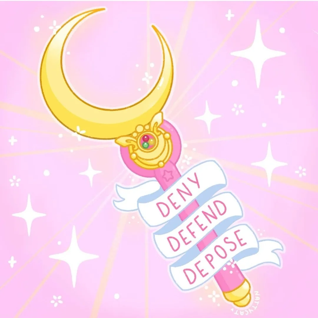 A stylized pink and gold magical wand with a crescent moon top and a gemstone, set against a sparkling pink background with…