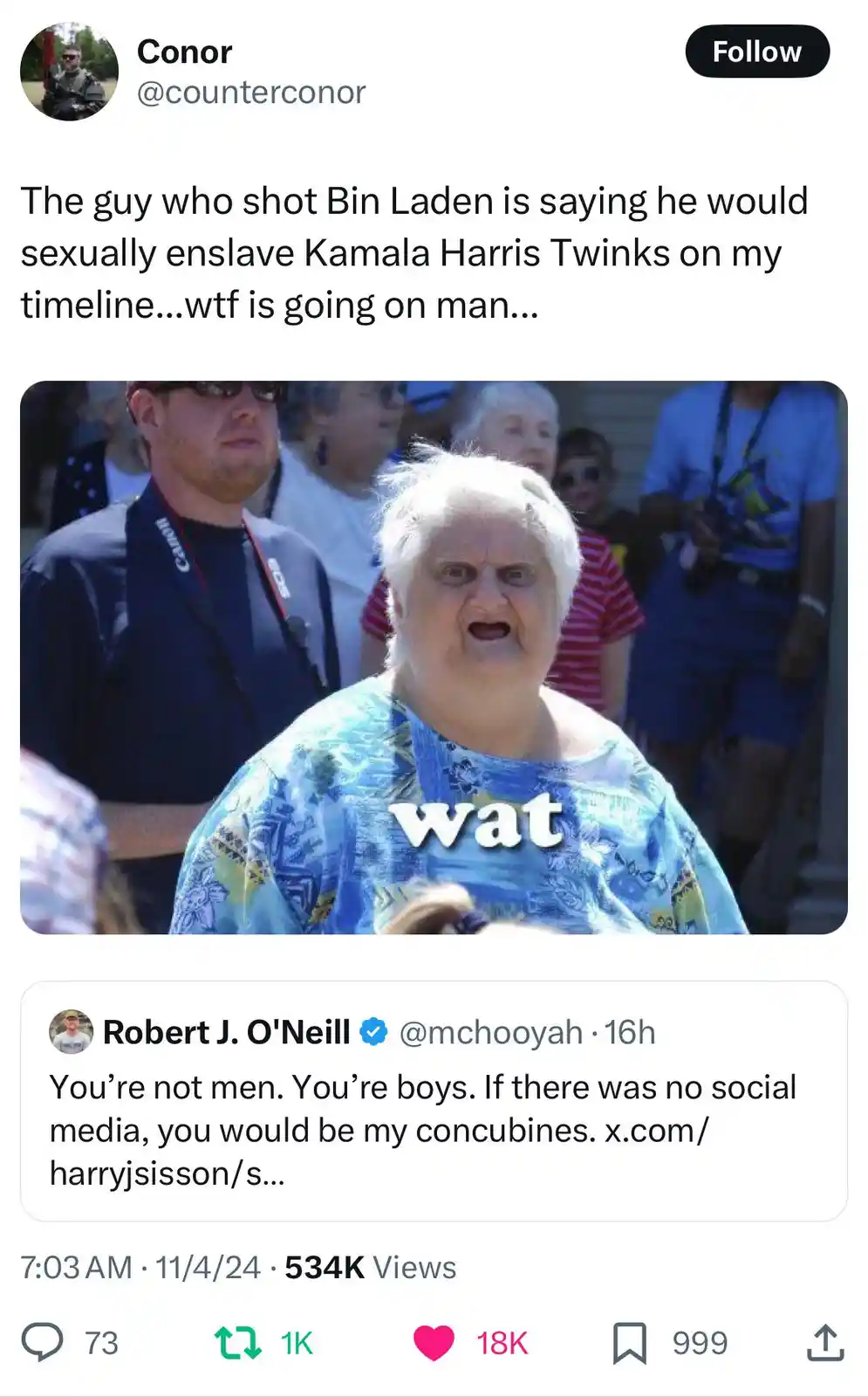 A screenshot of a tweet by Conor (@counterconor) shows a photo of an older woman with white hair and a shocked expression…