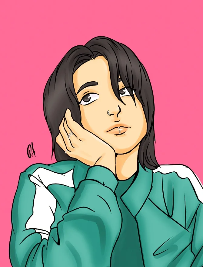 A cartoon-style illustration of a person with dark hair, a nose ring, and lip piercing, wearing a green jacket with white…