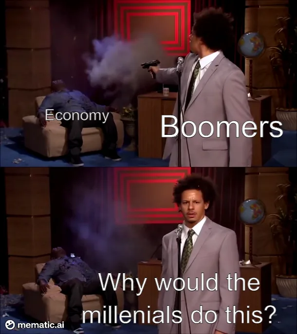 A two-panel image from a comedy sketch. In the top panel, a man in a suit labeled 'Boomers' points a smoking gun at another…