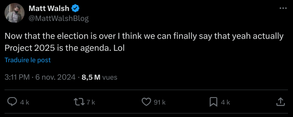 A screenshot of a tweet from Matt Walsh's verified Twitter account, showing his post dated November 6, 2024, at 3:11 PM…