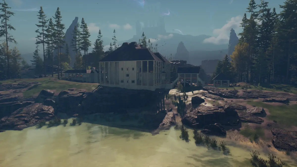A screenshot from a video game shows a large, white, colonial-style house perched on a rocky cliff overlooking a murky…