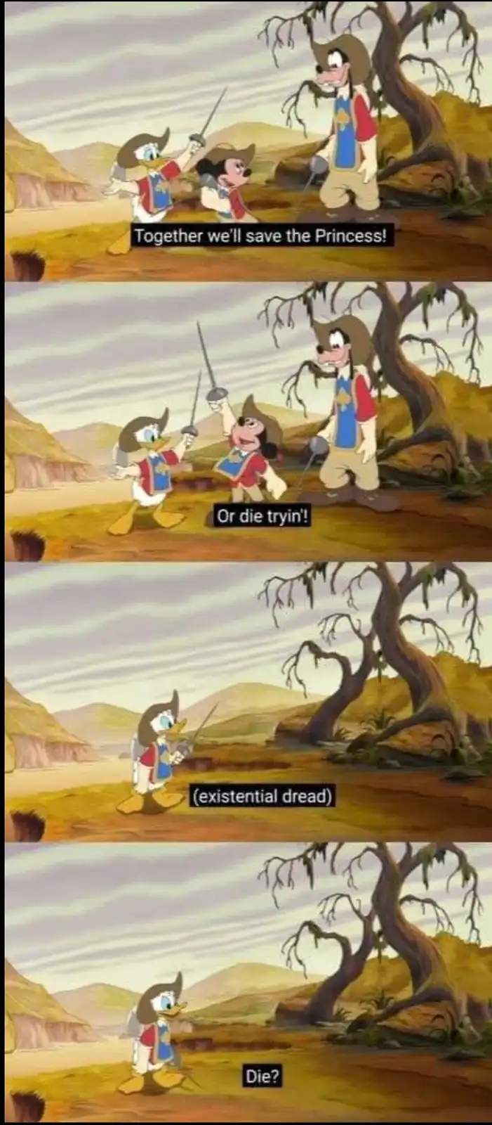 A four-panel Disney cartoon meme featuring Donald Duck, Mickey Mouse, and Goofy in a desert setting. In the first panel…